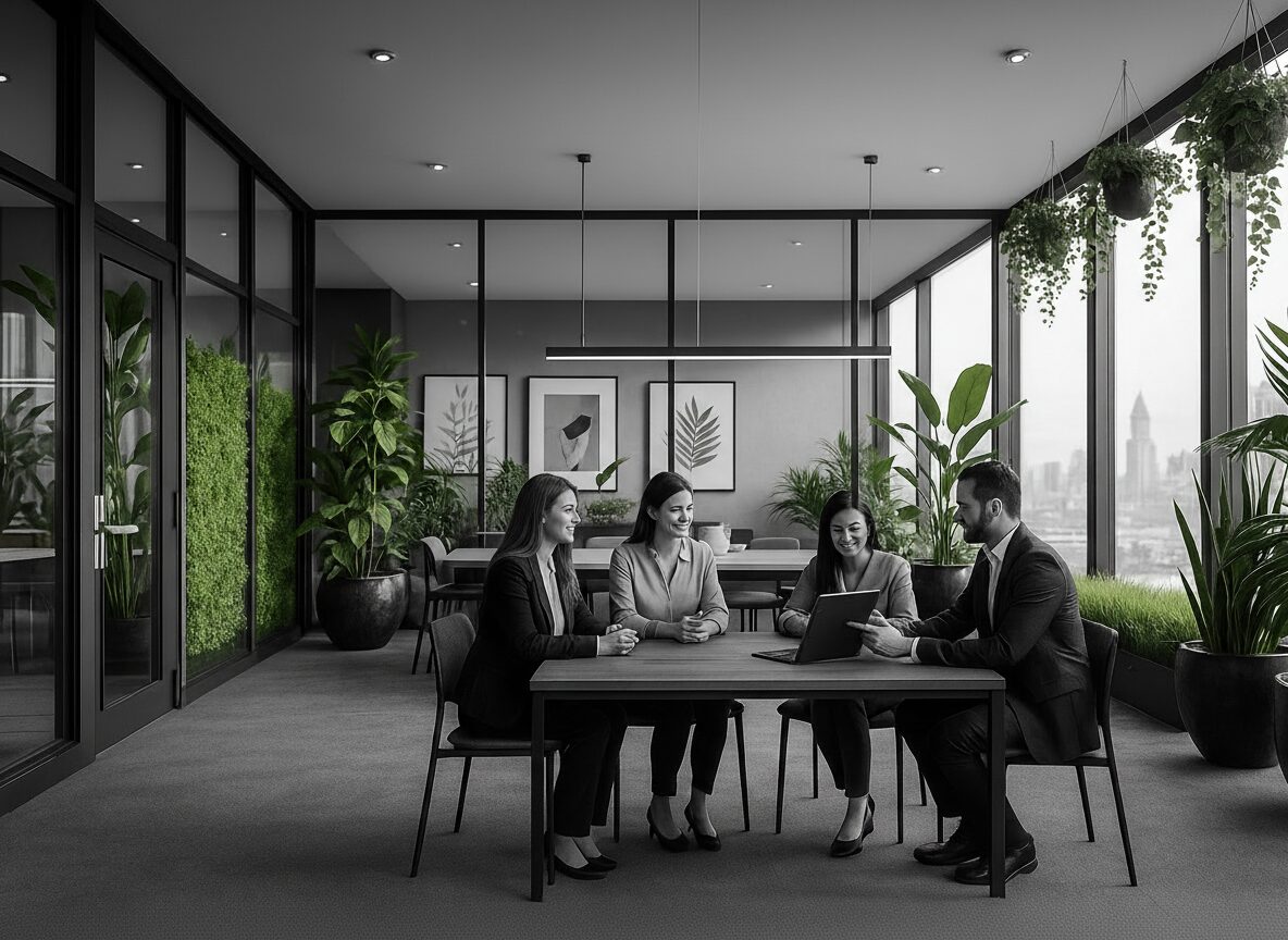 Reunión de asesoramiento personalizado byn con plantas verdes sitio web de GGA González Girardi & Asociados